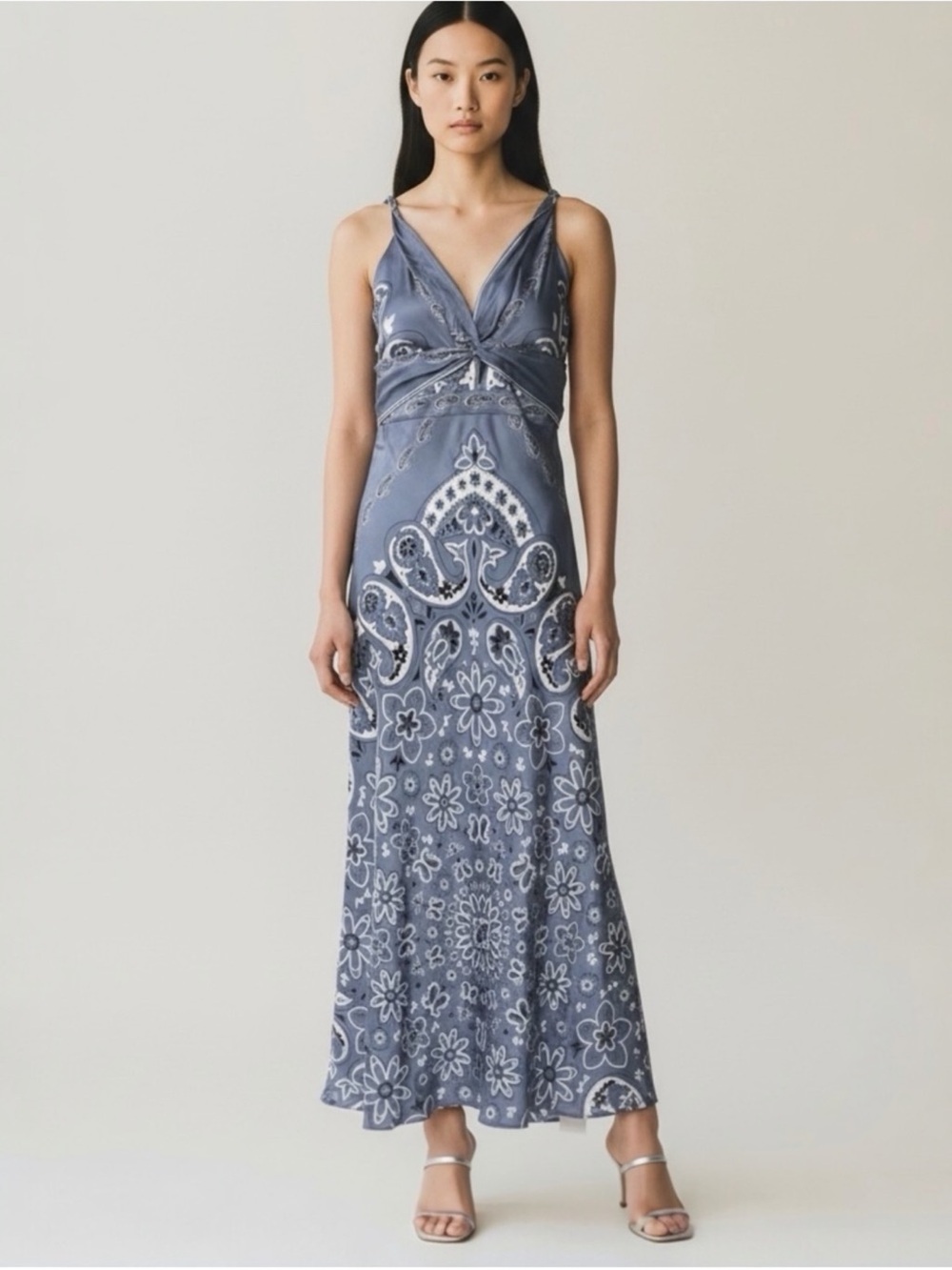 Caroline Constas Blue Satin Paisley Print Maxi Dress size XS NEW $368